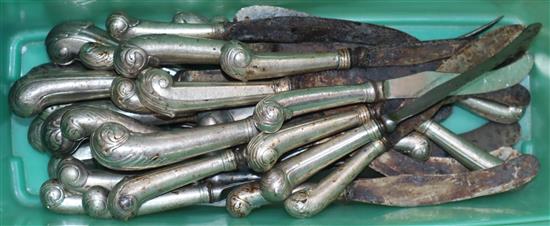 Thirty two assorted silver pistol handled table and dessert knives and two forks, with steel blades(a.f.).